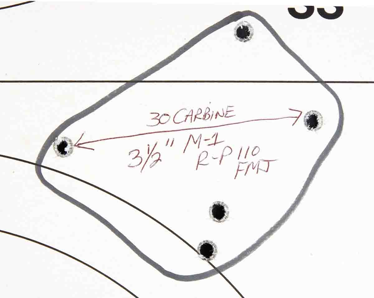 Mike thinks groups like this are par for as-issued M1 .30 Carbines at 100 yards.